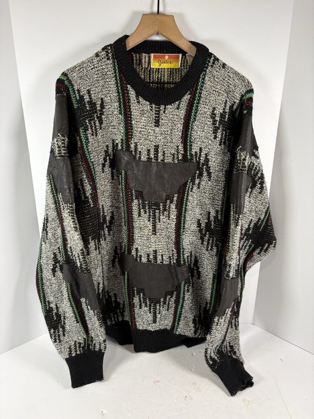 Vintage Juice Leather Trim Southwestern Aztec Knit Sweater Large Made Taiwan
